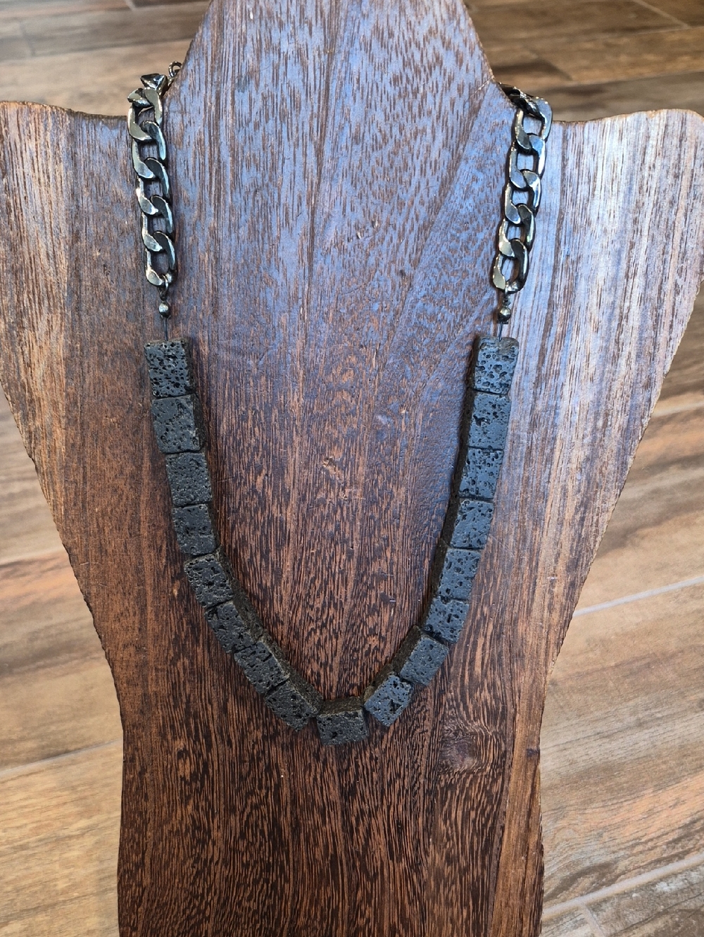 Natural Rectangular Black Lava Stone Gunmetal Chain-link Necklace w/ Extender